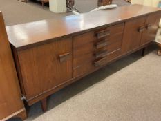 Mid Century rosewood long john sideboard, 73cm by 214cm by 46cm.