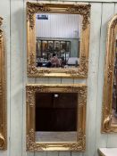 Pair gilt framed bevelled wall mirrors, 79cm by 68cm including frames.