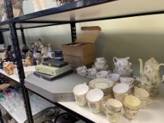 Collection of decorative porcelain, figurines, part tea sets, cased cutlery, Ringtons, etc.