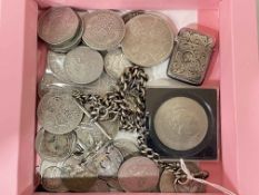 Vesta case, albert chain, ½ crowns and other silver coins, etc.