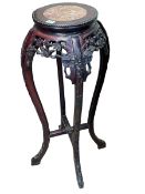 Oriental carved hardwood and marble inset jardiniere stand, 91cm.