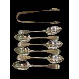 Six Newcastle silver teaspoons and set of sugar tongs.