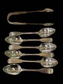 Six Newcastle silver teaspoons and set of sugar tongs.