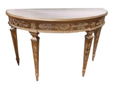 Regency style gilt painted demi lune console table, 93cm by 143cm by 58cm.