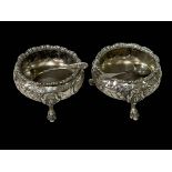 Pair silver three footed salts, London 1875, together with two EP salt spoons.