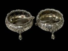 Pair silver three footed salts, London 1875, together with two EP salt spoons.