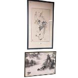 Chinese watercolour of two elders and Chinese landscape watercolour, both framed.