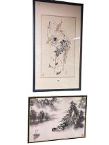 Chinese watercolour of two elders and Chinese landscape watercolour, both framed.