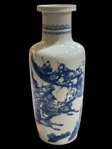 Large Chinese blue and white vase decorated with warriors, circled six character mark, 49cm.