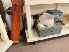 Stair rods, wall clock, porcelain, tins, chair, etc.