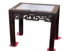 Chinese carved hardwood and marble inset stand, 35.5cm by 41cm by 31cm.