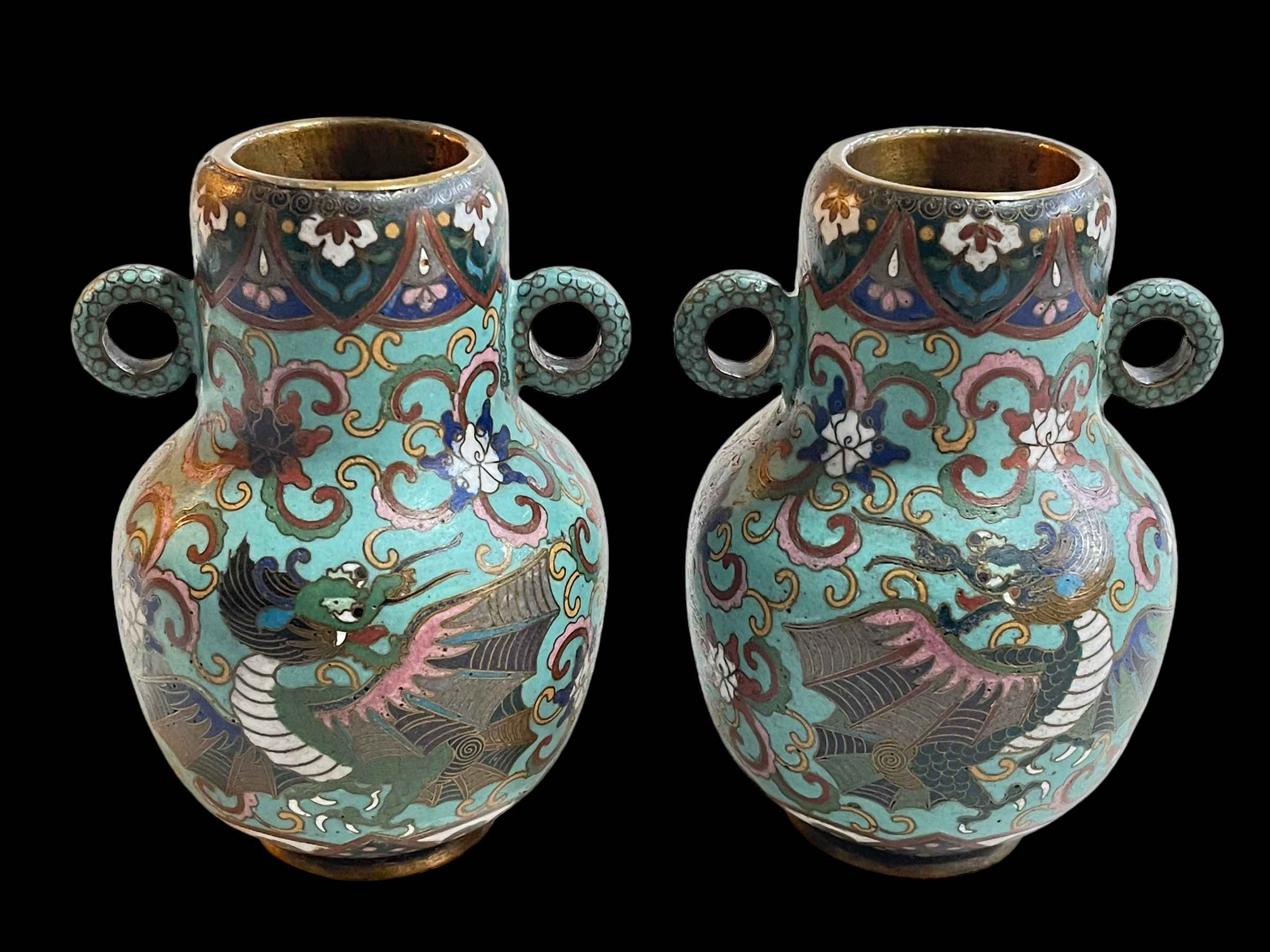 Pair Chinese Cloisonné two handle vases, profusely decorated with winged dragons, 15cm. - Image 2 of 3