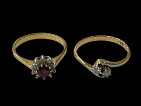 Two 18 carat gold, diamond and ruby rings, sizes M and N.