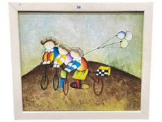 In the manner of Beryl Cook, Ladies on Trikes, contemporary oil, 51cm by 61cm, framed.