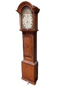 Antique oak and mahogany thirty hour longcase clock having painted arched dial, 212cm.