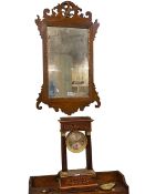 19th Century mahogany fretwork wall mirror and Victorian French inlaid rosewood mantel clock (2).