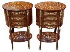 Pair French inlaid and gilt mounted oval three drawer pedestals, 76cm by 47cm by 37cm.