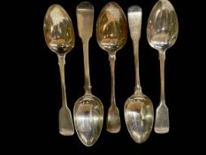 Three George III and two George IV silver fiddle pattern tablespoons (5).