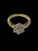 Diamond seven stone cluster 18 carat gold ring, size I.