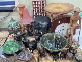 Mahogany cased wall clock, ebony and other elephants, three table lamps, Cloisonné bowl, etc.