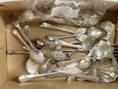 Various silver teaspoons, silver ladle, butter knife and bread fork, and various EP flatware.