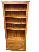 Golden oak open bookcase having four adjustable shelves above two drawers, 198cm by 89cm by 31cm.