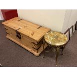 Pine and iron bound trunk and circular onyx and gilt low table (2).