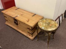 Pine and iron bound trunk and circular onyx and gilt low table (2).