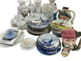 Royal Doulton toby jugs including Lumberjack, Don Quixote, Aynsley, collectors plates, etc.