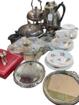 Collection of silver including two mirrors, salt, spoons, Coalport Caughley sprays,