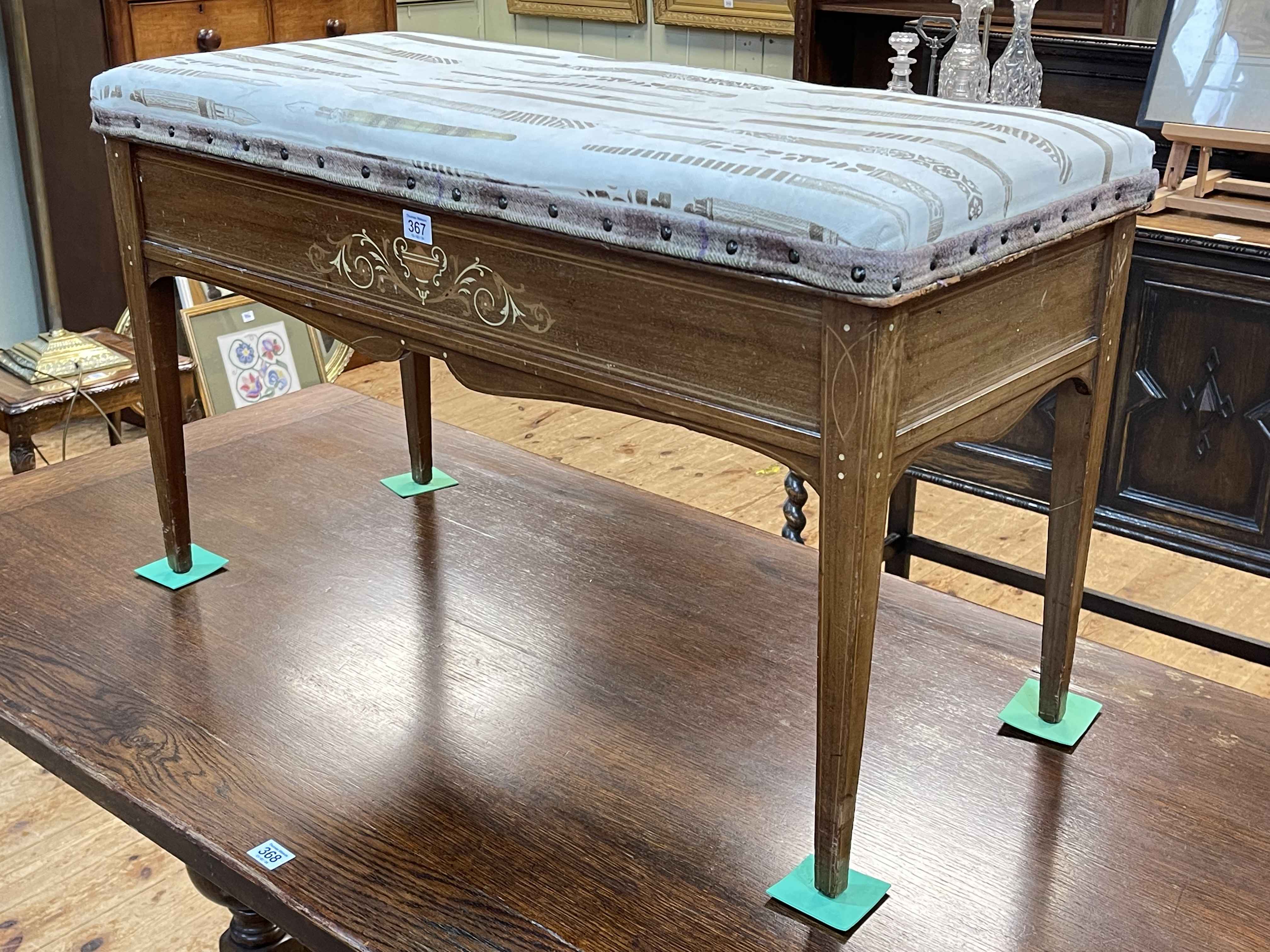 Edwardian inlaid mahogany duet stool, 52cm by 86cm by 38cm.