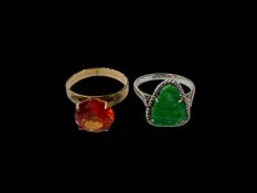 Two 14k gold rings, jade in white gold and bright orange stone.