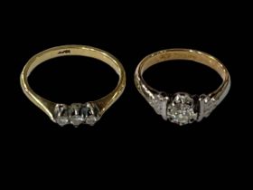 Diamond three stone 18 carat gold ring, size M, and diamond 9 carat gold ring, size H (2).