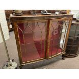 1920's mahogany two door china cabinet on ball and claw legs, 129cm by 121cm by 35cm.