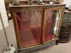 1920's mahogany two door china cabinet on ball and claw legs, 129cm by 121cm by 35cm.