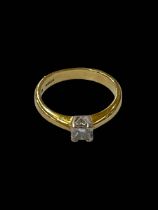 Diamond square cut solitaire 18 carat gold ring, size I/J.
