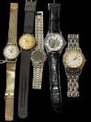 Collection of five wristwatches comprising 9 carat gold Hamilton, Omega, Gucci,