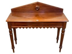 Rectangular mahogany side table having end drawer and on turned legs, 95.5cm by 104cm by 40cm.