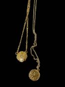 Two 9 carat gold necklaces, one with shell and pearl the other St. Christopher.