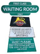 Four cast metal railway signs including First Class Waiting Room Only.