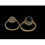 Diamond cluster 18 carat gold ring, size M, together with 9 carat gold, sapphire ring, size N (2).