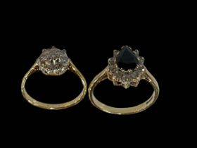 Diamond cluster 18 carat gold ring, size M, together with 9 carat gold, sapphire ring, size N (2).