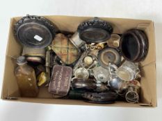 Box with small tins, vase stands, cruets, etc.