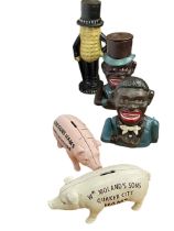 Five novelty money boxes including two Jolly Bank, Harrison Hams, Wm Morland's & Son, etc.