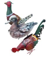 Tinplate models of a pheasant, chicken and duck.