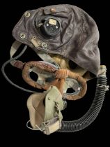 WWII brown leather flying helmet and oxygen mask,