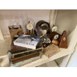 Collection of mantel clocks, costume jewellery, copper jugs, students boxed microscope, etc.