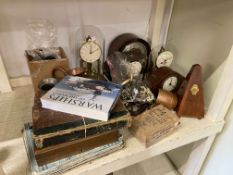 Collection of mantel clocks, costume jewellery, copper jugs, students boxed microscope, etc.