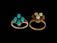 Two 9 carat gold rings, turquoise and pearl.