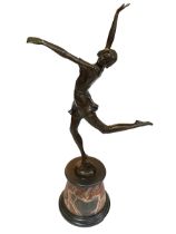 Art Deco style bronze figure of a dancer on marble plinth, 67cm.